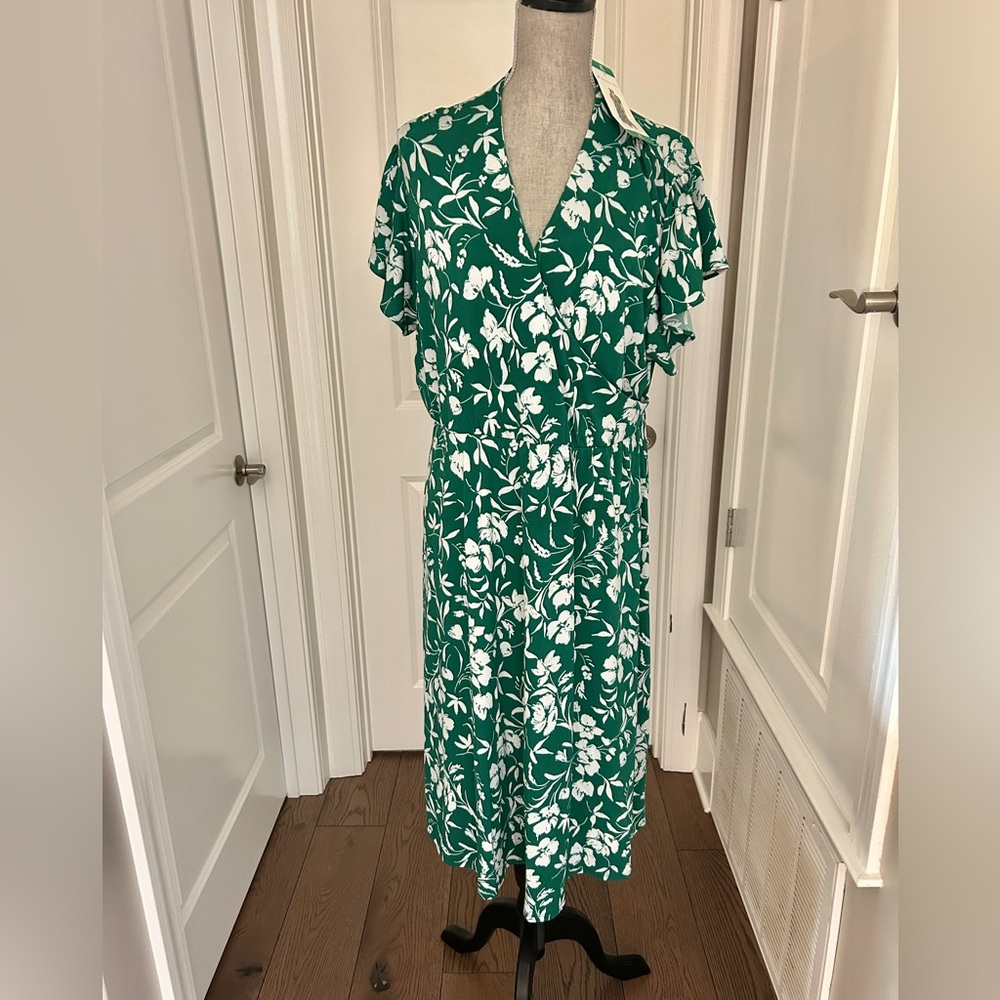 NWT! Adrianna Papell Women's Flutter Sleeve Floral Green&White Midi Dress Sz XL - Picture 6 of 13